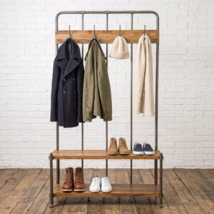 A reclaimed wood hallway coat and shoe storage bench, with steel piping- Cambrewood
