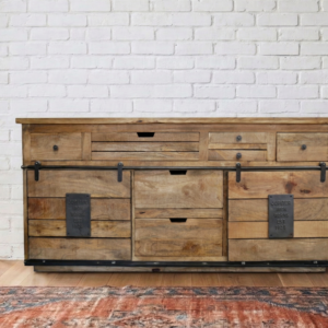 A large rustic wooden sideboard with iron fittings and industrial style - Cambrewood