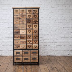Steel black framed apothecary cabinet with contrasting wood drawers and doors- Cambrewood