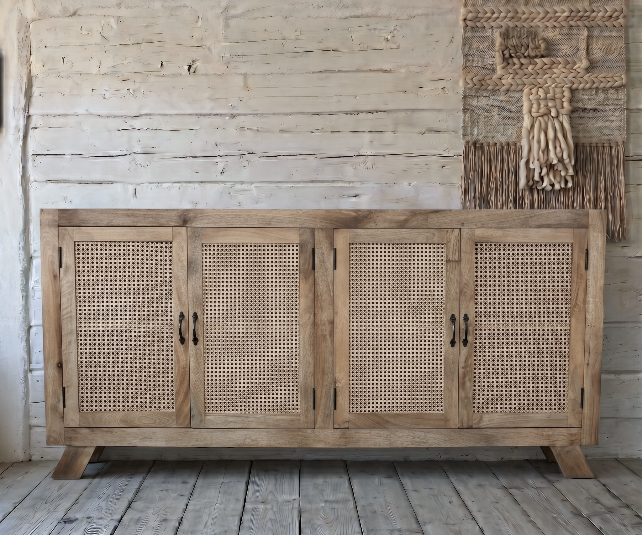 A large solid wood rustic sideboard with rattan doors and angled legs- Cambrewood