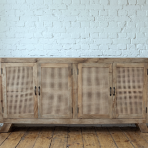 A large rustic solid wood sideboard with rattan doors, boho Scandi style - Cambrewood