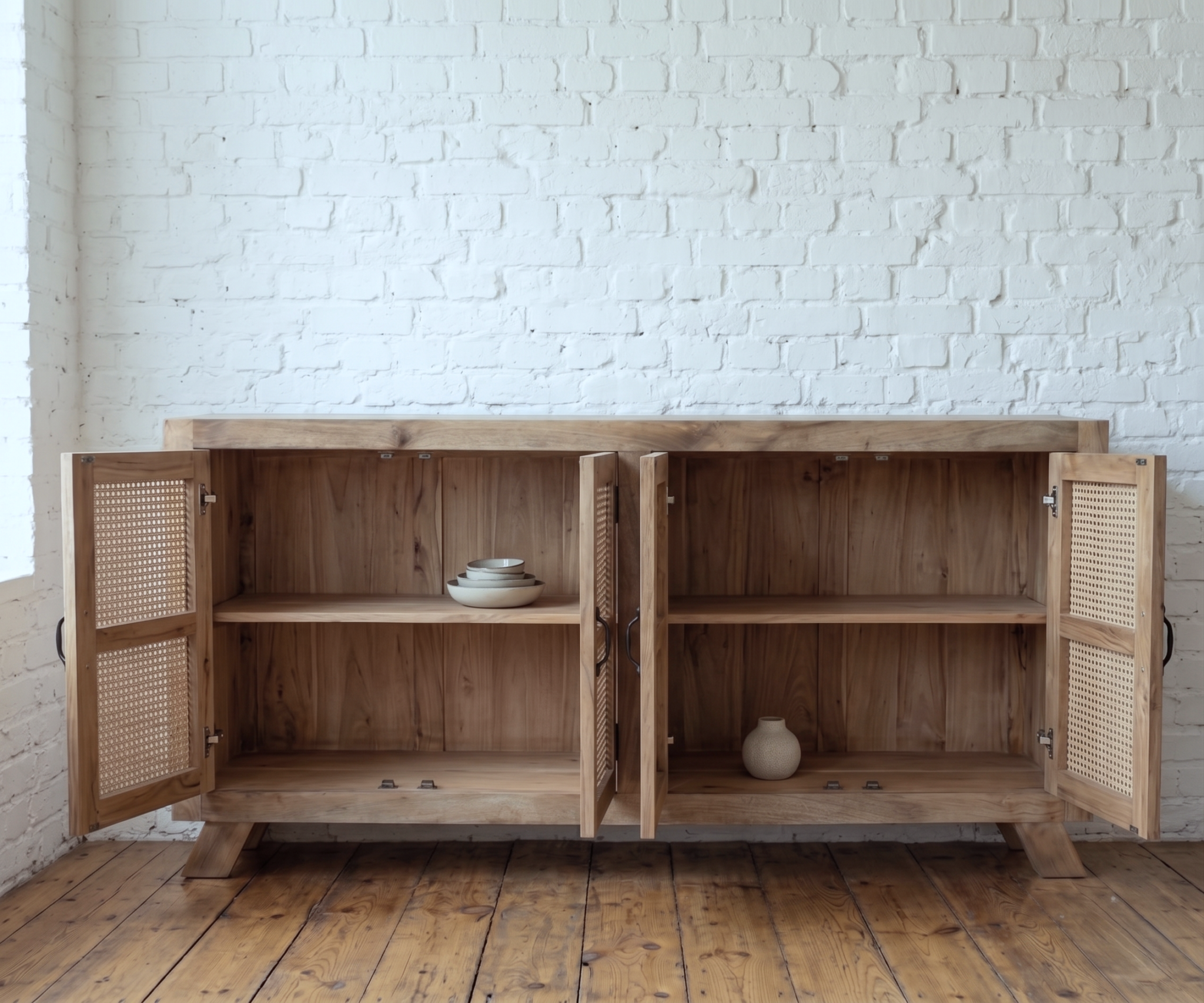 A large rustic wood and rattan doored sideboard, solid wood - Cambrewood
