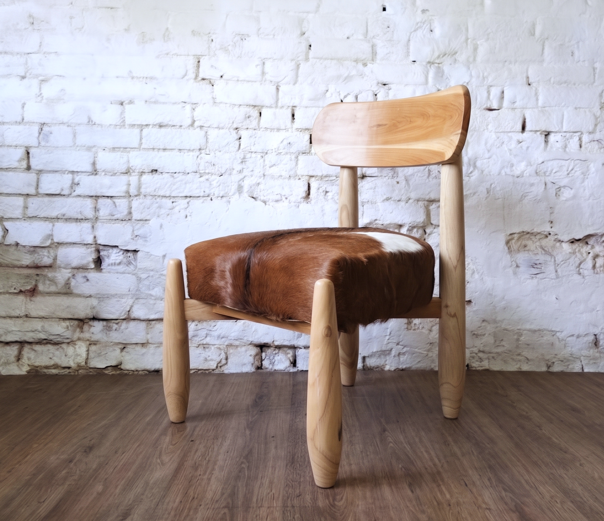 A wooden Scandi style goat hide arm chair- Cambrewood