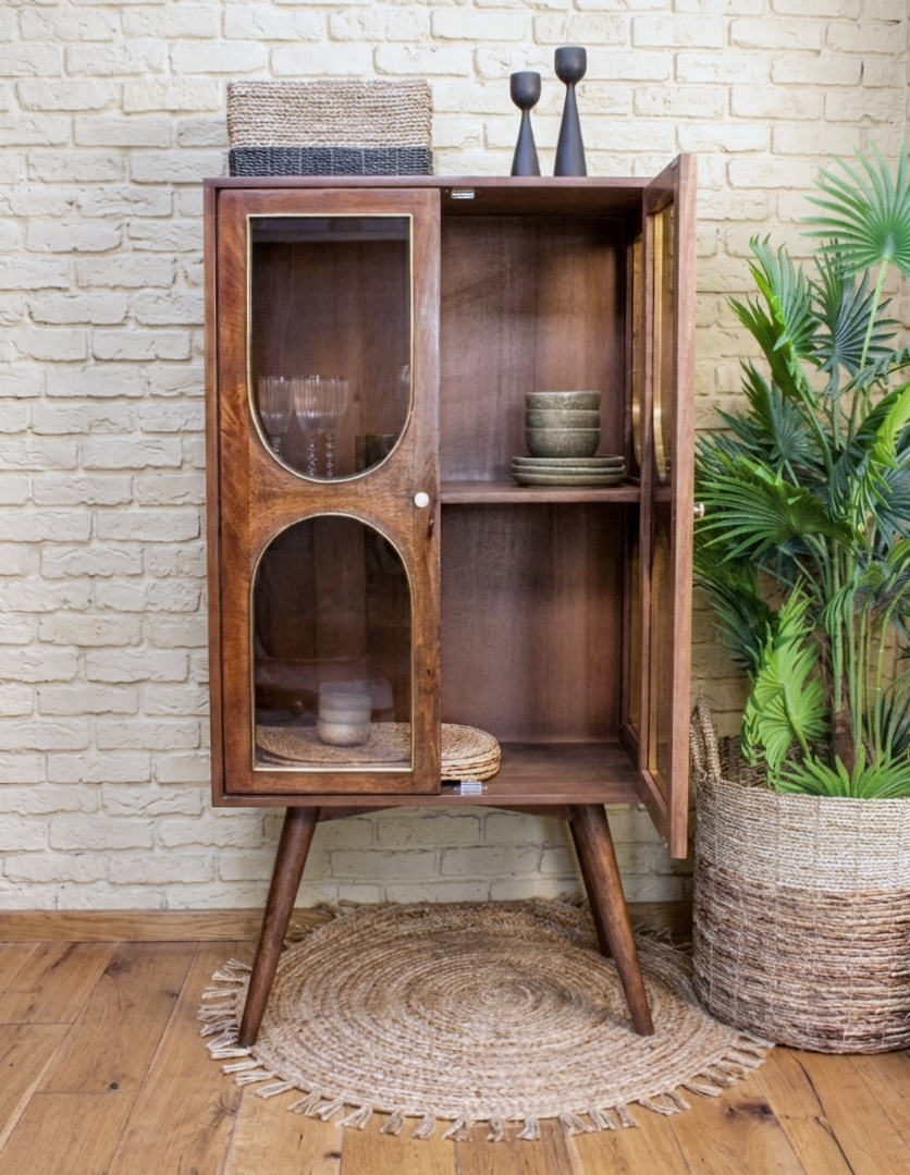 A walnut display cabinet in a vintage style with glass doors - Cambrewood