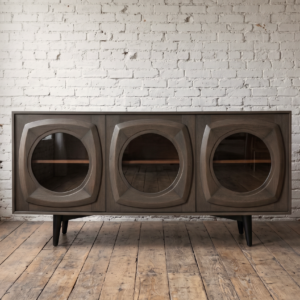 A funky retro sideboard with glass 3 porthole doors in a funky retro style, solid wood in grey - Cambrewood