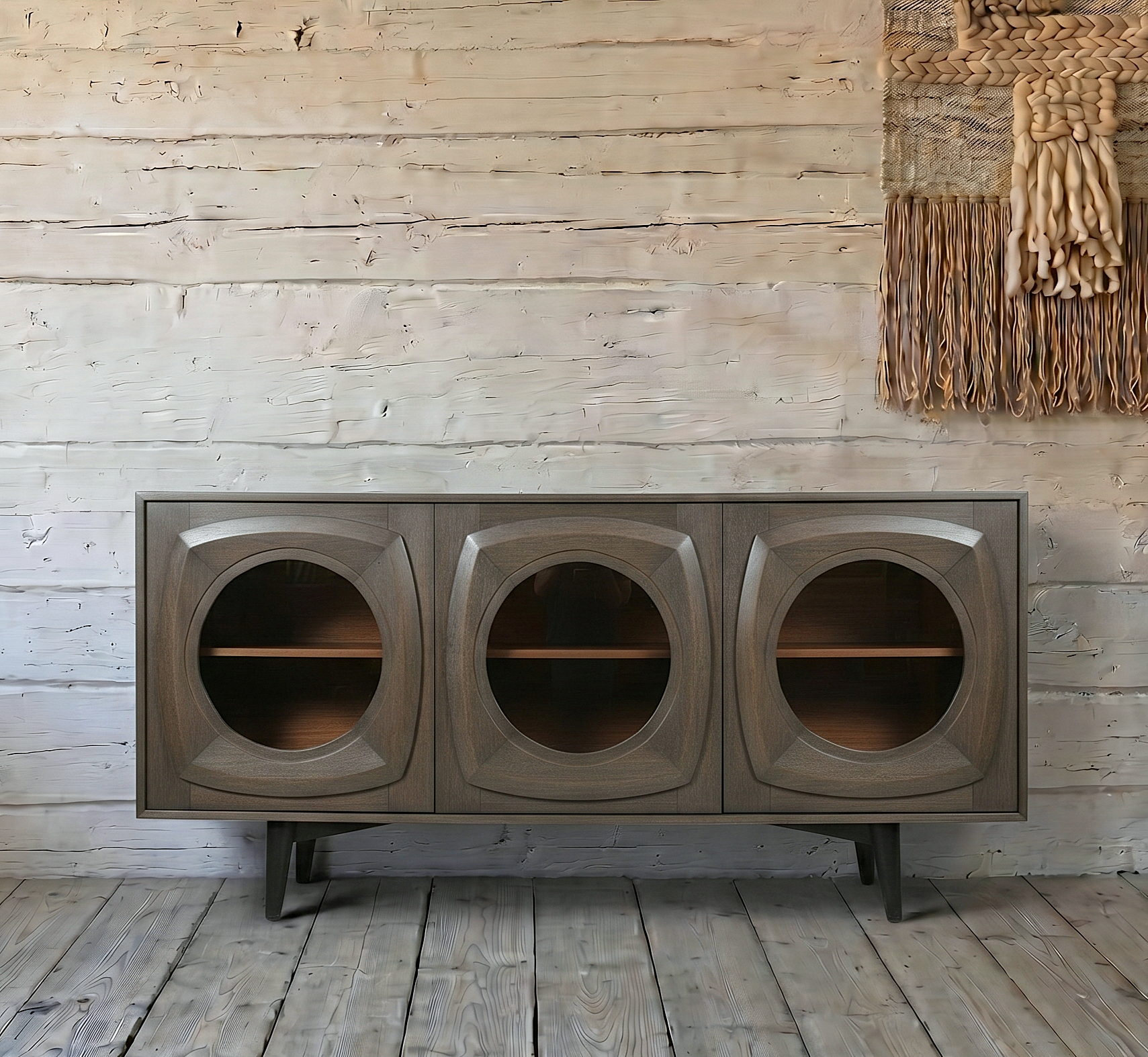 A retro solid wood sideboard in a funky 1970s style in grey- Cambrewood
