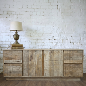 A large boho Scandi sideboard made from solid reclaimed wood with hand carved detail - Cambrewood