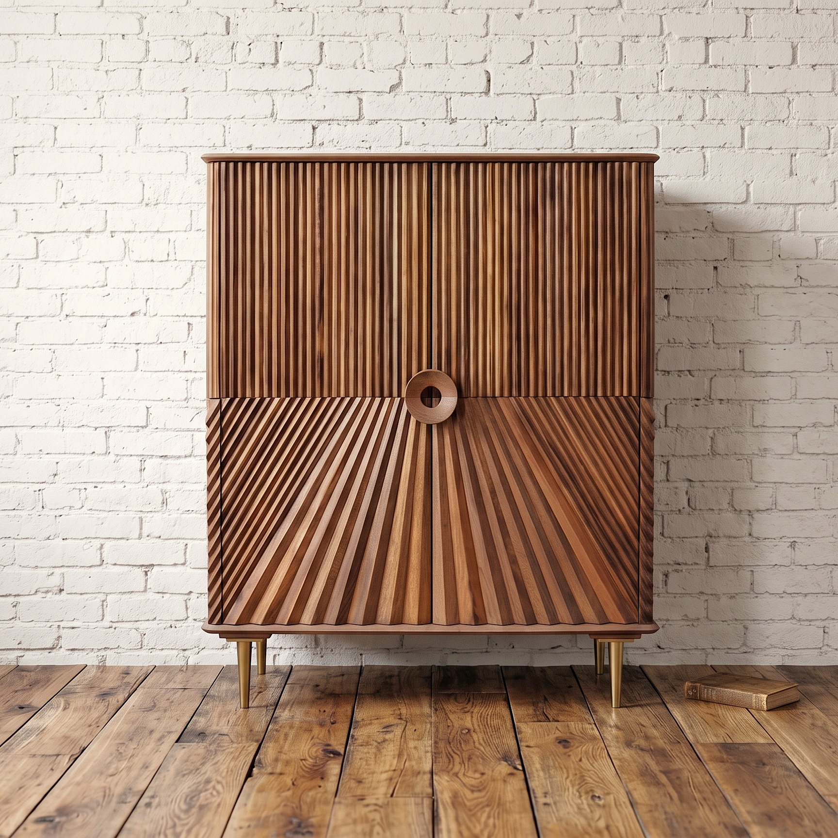 A retro wooden cocktail and drinks cabinet on gold legs, solid wood and carved wood doors - Cambrewood