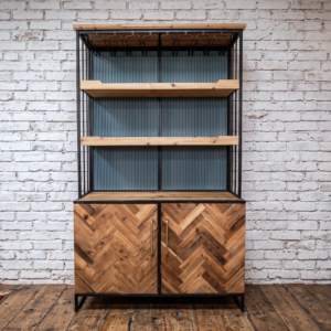 A home bar cabinet with herringbone doors and shelves- Cambrewood