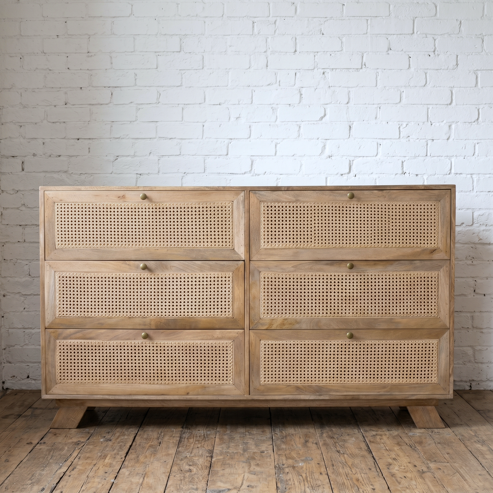 A large six drawer solid wood Scandi chest of drawers with rattan drawers- Cambrewood