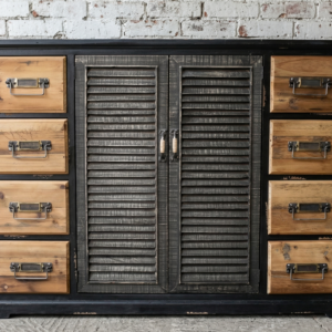 A rustic wooden sideboard with black paint and industrial styling