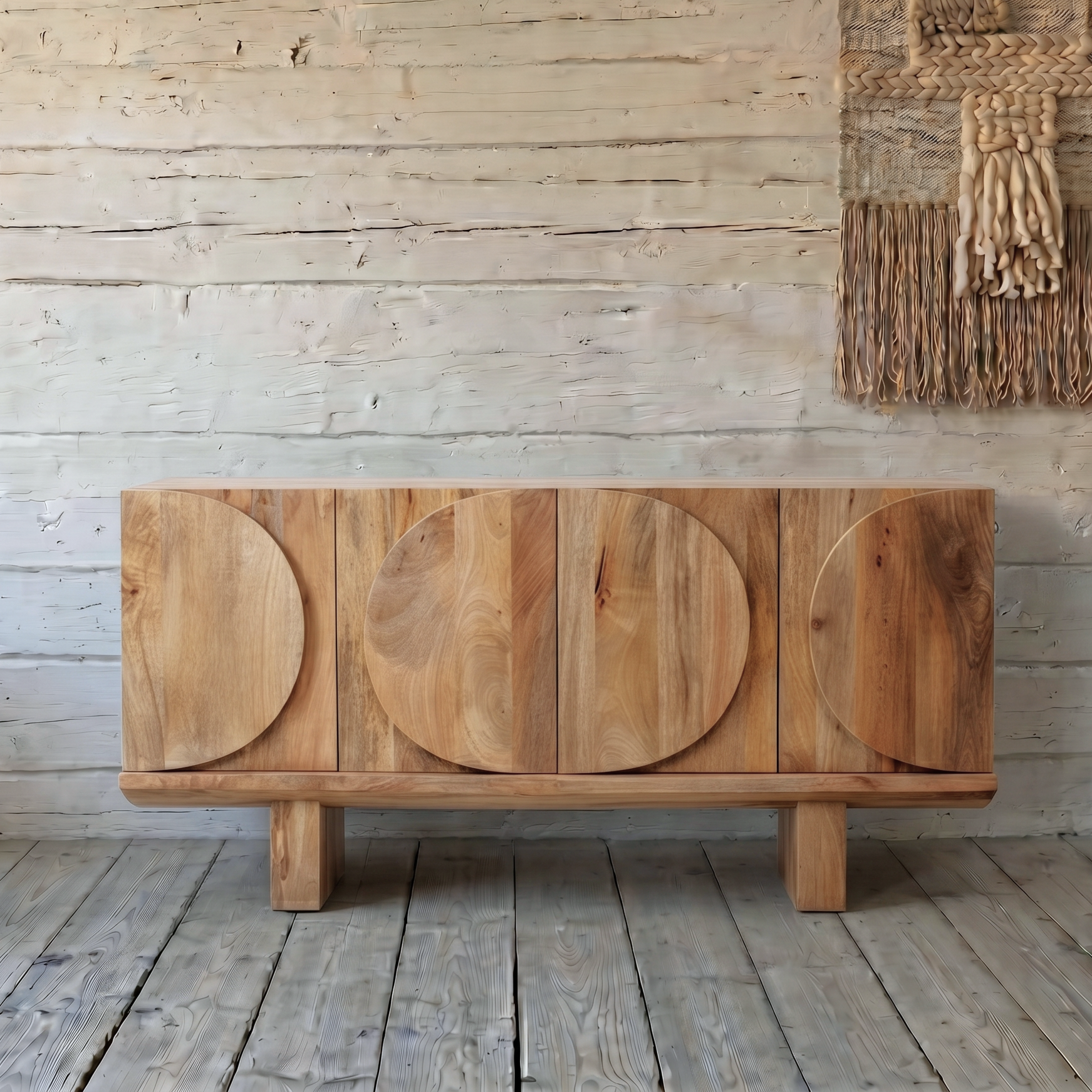 A rustic wooden sideboard with round carved design and chunky legs - Cambrewood