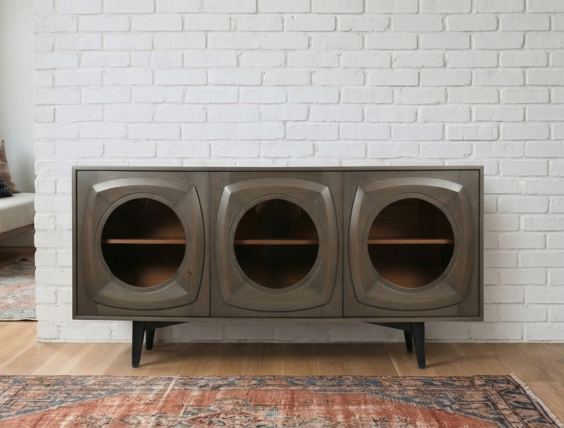 A funky retro grey wooden sideboard with porthole doors - Cambrewood