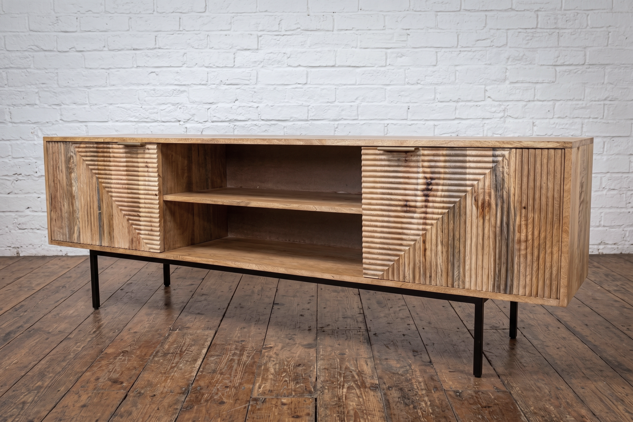 A solid wood sideboard with iron legs, carved front in a Boho, Scandi style - Cambrewood