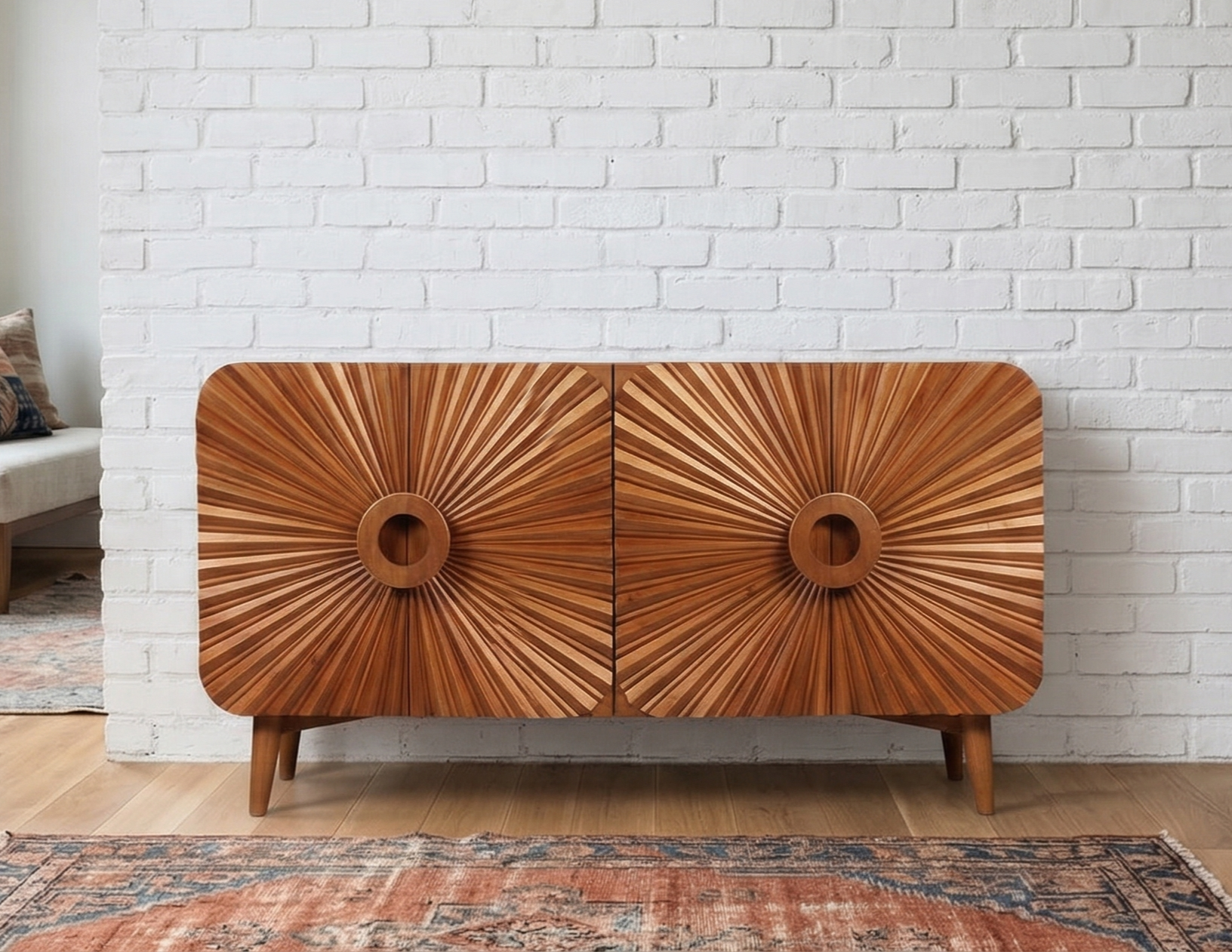 A retro, vintage style solid wood sideboard with sunburst doors - Cambrewood