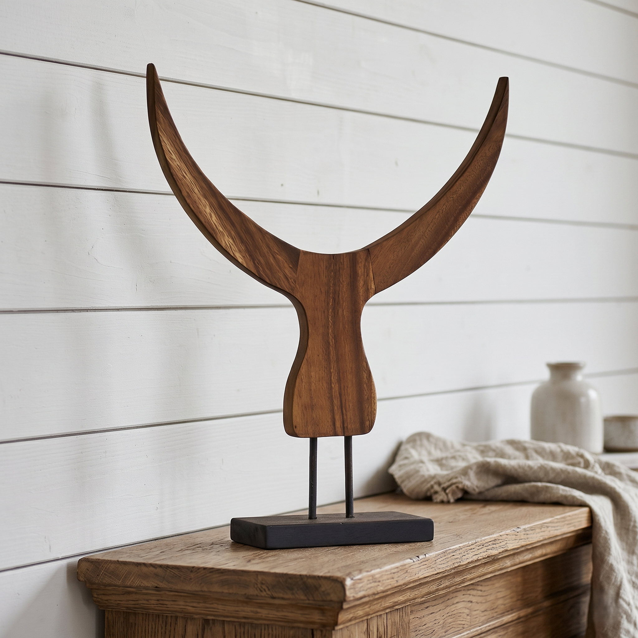 Wooden Scandinavian horns on a metal stand, hand carved, solid wood - Cambrewood