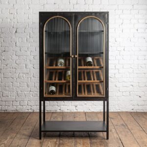 Black metal vintage drinks & wine cabinet storage with glass doors and bottom shelf - Cambrewood