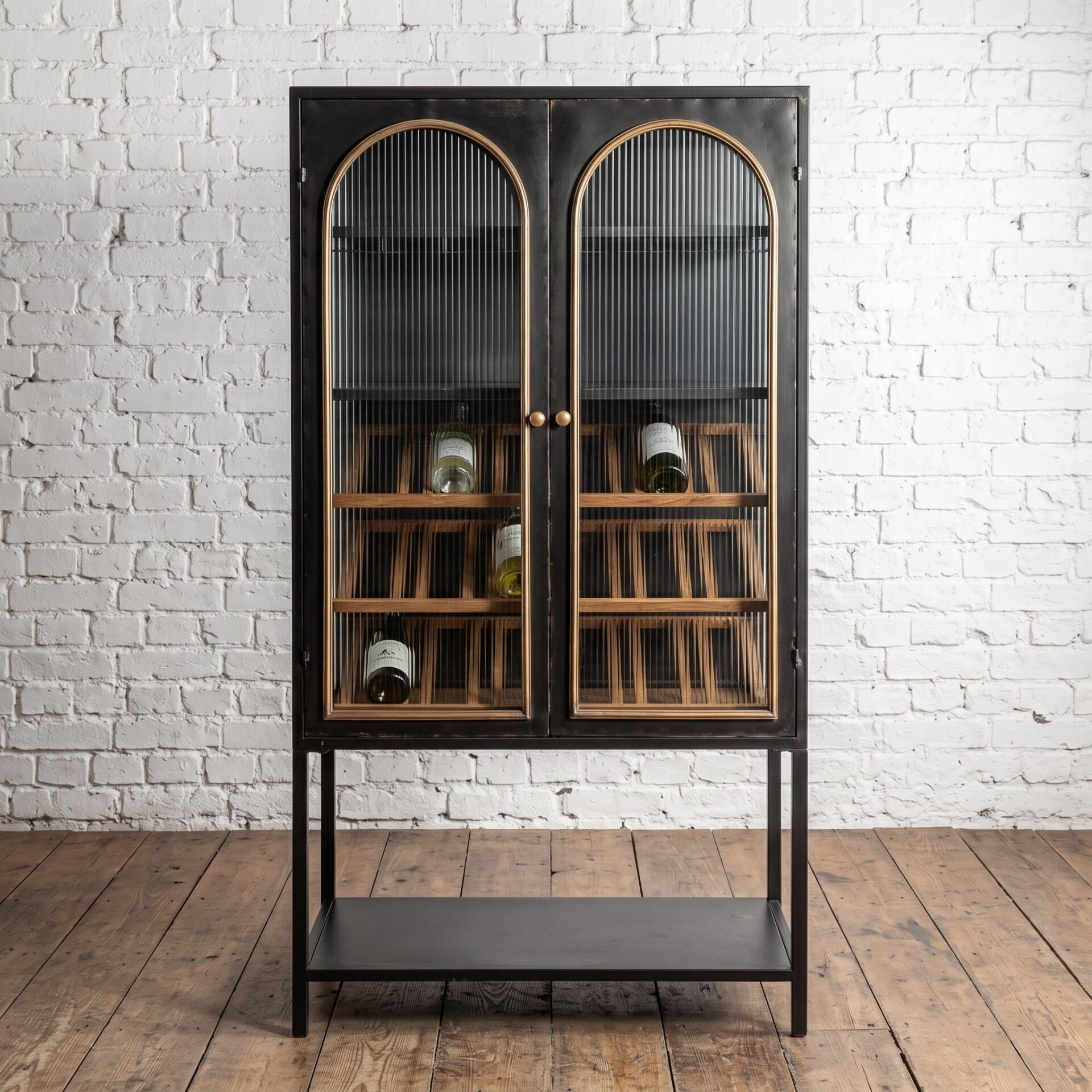 Black metal vintage drinks & wine cabinet storage with glass doors and bottom shelf - Cambrewood
