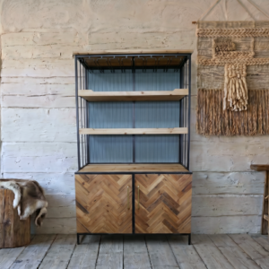 A tall shelved home bar unit with herringbone parquet design to doors and steel frame- Cambrewood