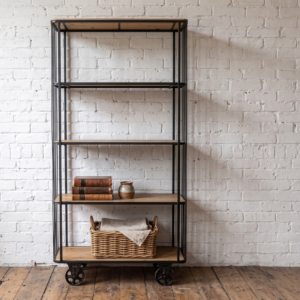 An industrial shelf unit with 5 wooden shelves, steel and trolley wheels - Cambrewood