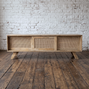 Low slug Scandi style wooden sideboard, in light wood with rattan doors - Cambrewood