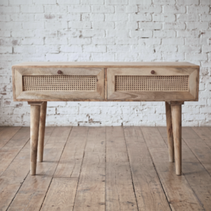 A solid wood desk with rattan fronted drawers in a boho Scandi style - Cambrewood