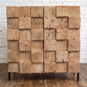 A rustic reclaimed wood cabinet with a block wood fronted design. Natural wood - Cabinet