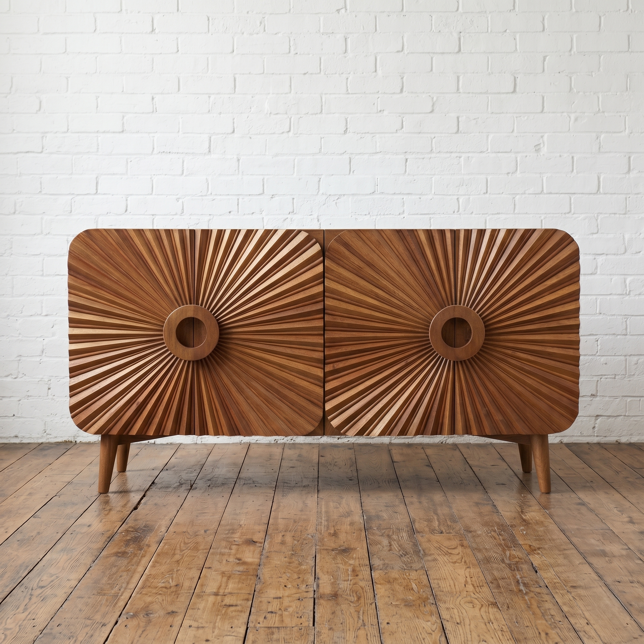 A retro, solid wood vintage sideboard with sunburst carved doors - Cambrewood