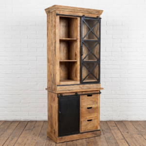 A tall solid wood display cabinet with iron door & 3 drawers to the base and a sliding glass iron door to the top. Reclaimed wood, rustic style - Cambrewood