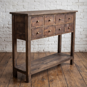 A rustic wooden console table style apothecary cabinet with multiple drawers - Cambrewood