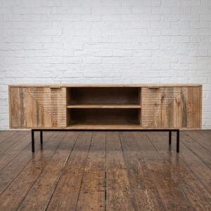 Scandi, Boho style wooden sideboard with carved doors and centre shelf - Cambrewood