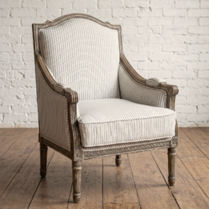 A French style wooden framed armchair with white & blue pin striped upholstery in a vintage style - Cambrewood