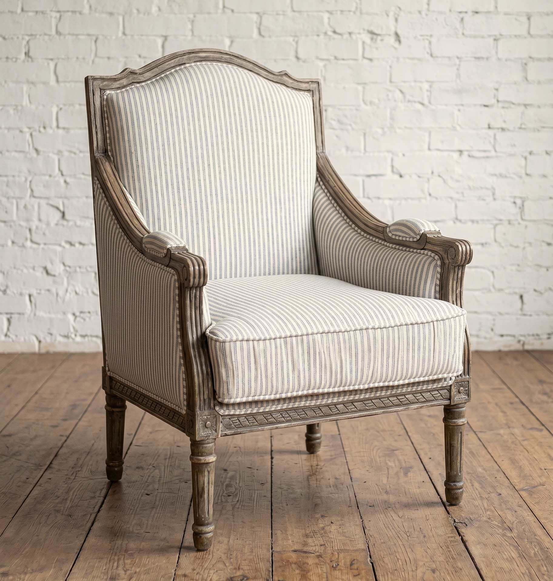 A French style wooden framed armchair with white & blue pin striped upholstery in a vintage style - Cambrewood