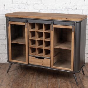 Wood & steel industrial style bar drinks cabinet with wine storage and glass doors - Cambrewood