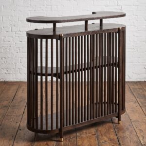 A home bar made from slatted wood with a walnut finish and brass detailing - Cocktail drinks bar by Cambrewood