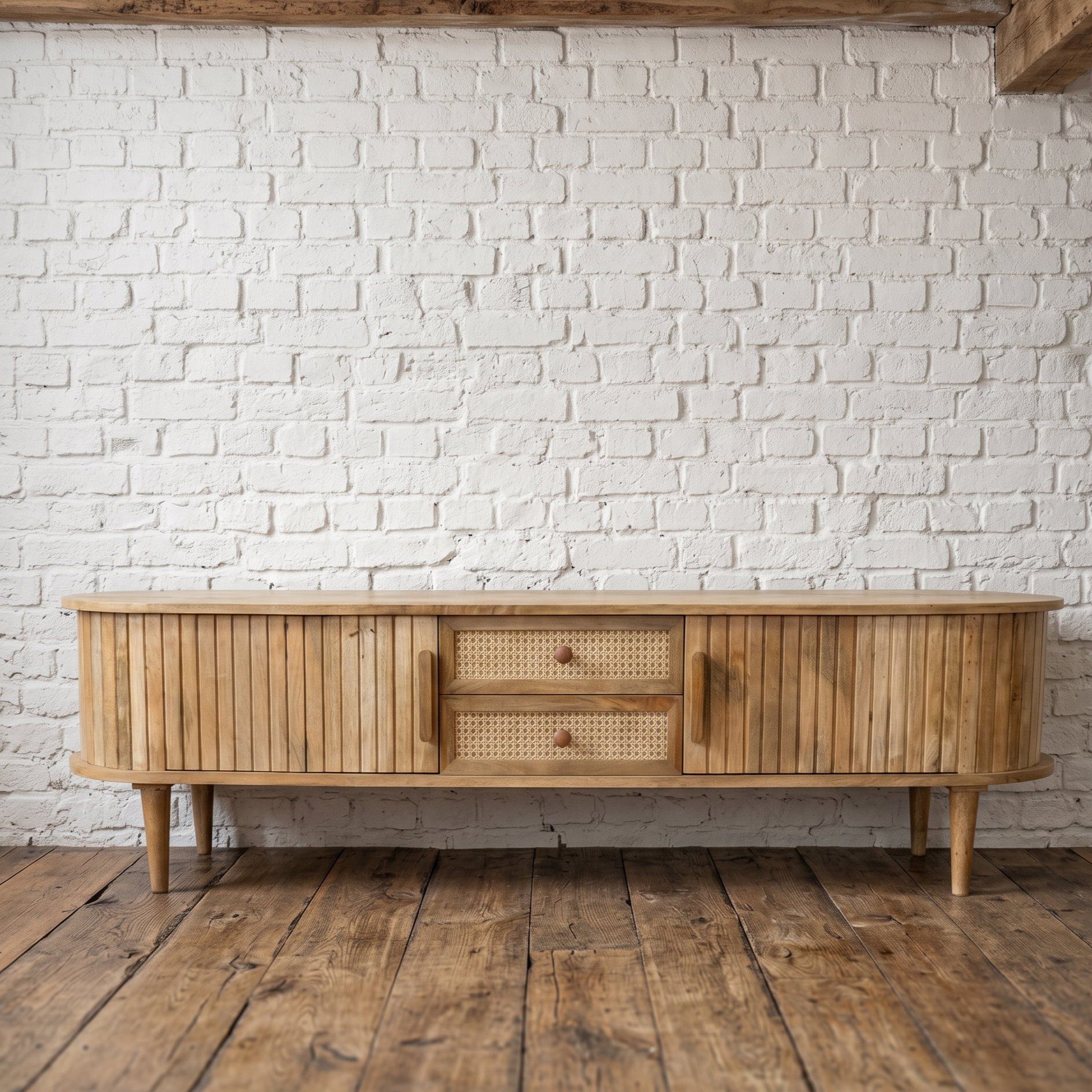 A curved sided retro Scandi style sideboard in solid wood, low slung vintage style- Cambrewood
