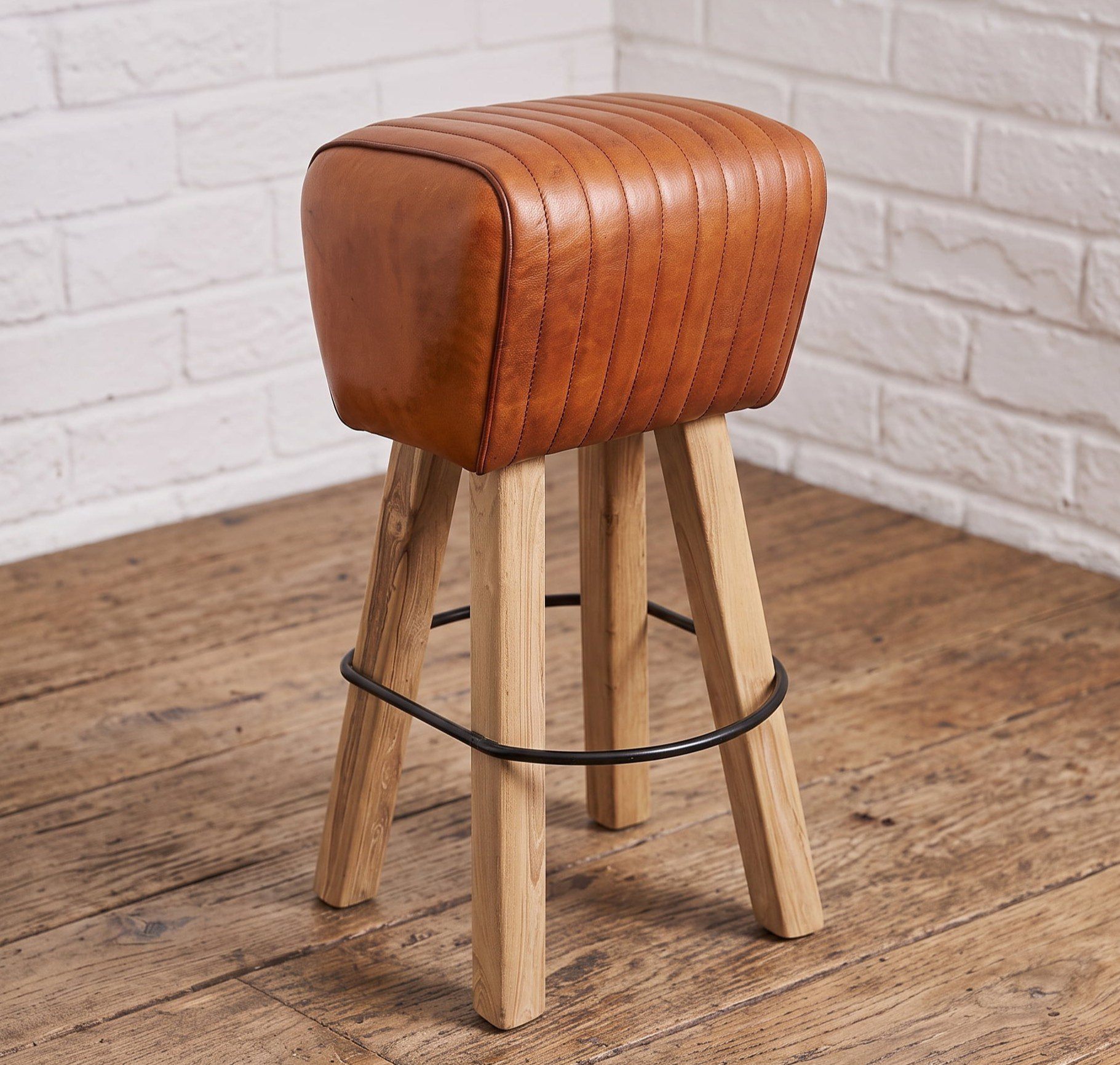Tan Leather Pommel style Vintage Bar Stool - Cambrewood