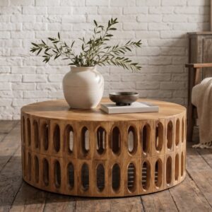 A round solid wood coffee table, reclaimed, carved oval design, rustic - Cambrewood