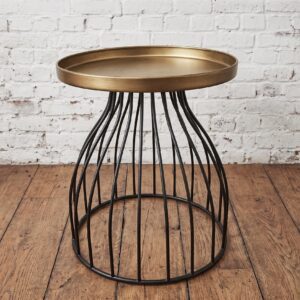 A round black and gold side table with a cage like base - Cambrewood