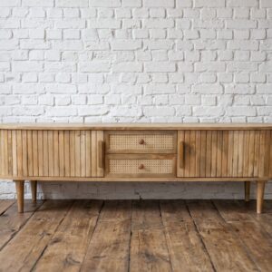 Low slung wood sideboard with fluted curved sides, retro Scandi style - Cambrewood
