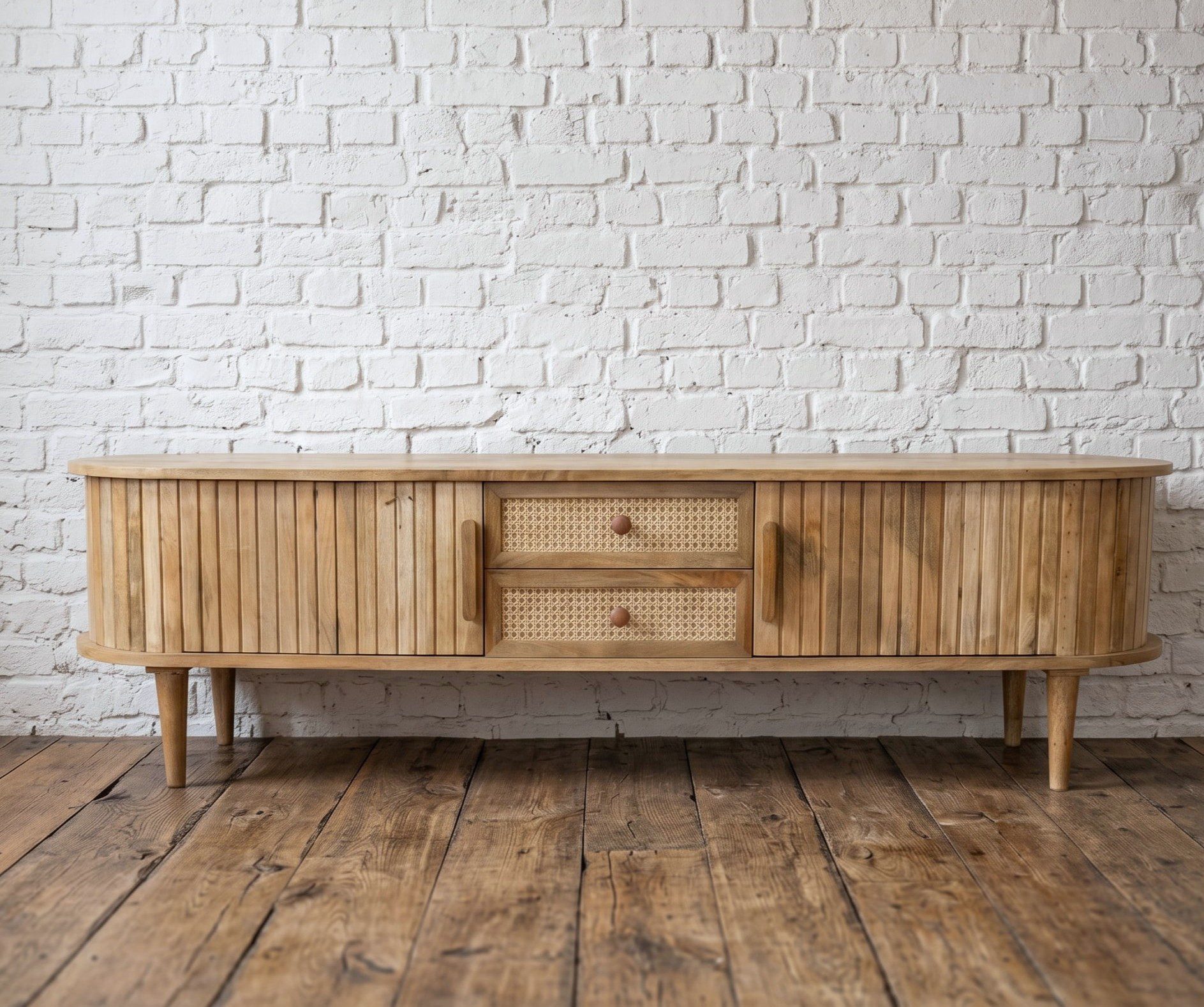Low slung wood sideboard with fluted curved sides, retro Scandi style - Cambrewood