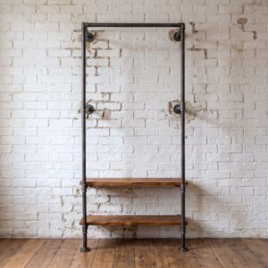 Hallway coat stand made from industrial steel piping with 2 wooden shelves for shoe storage- Cambrewood