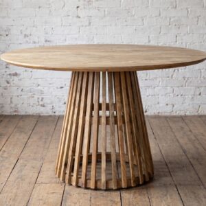 A rustic & reclaimed solid wood, round dining table with slatted wood base- Cambrewood