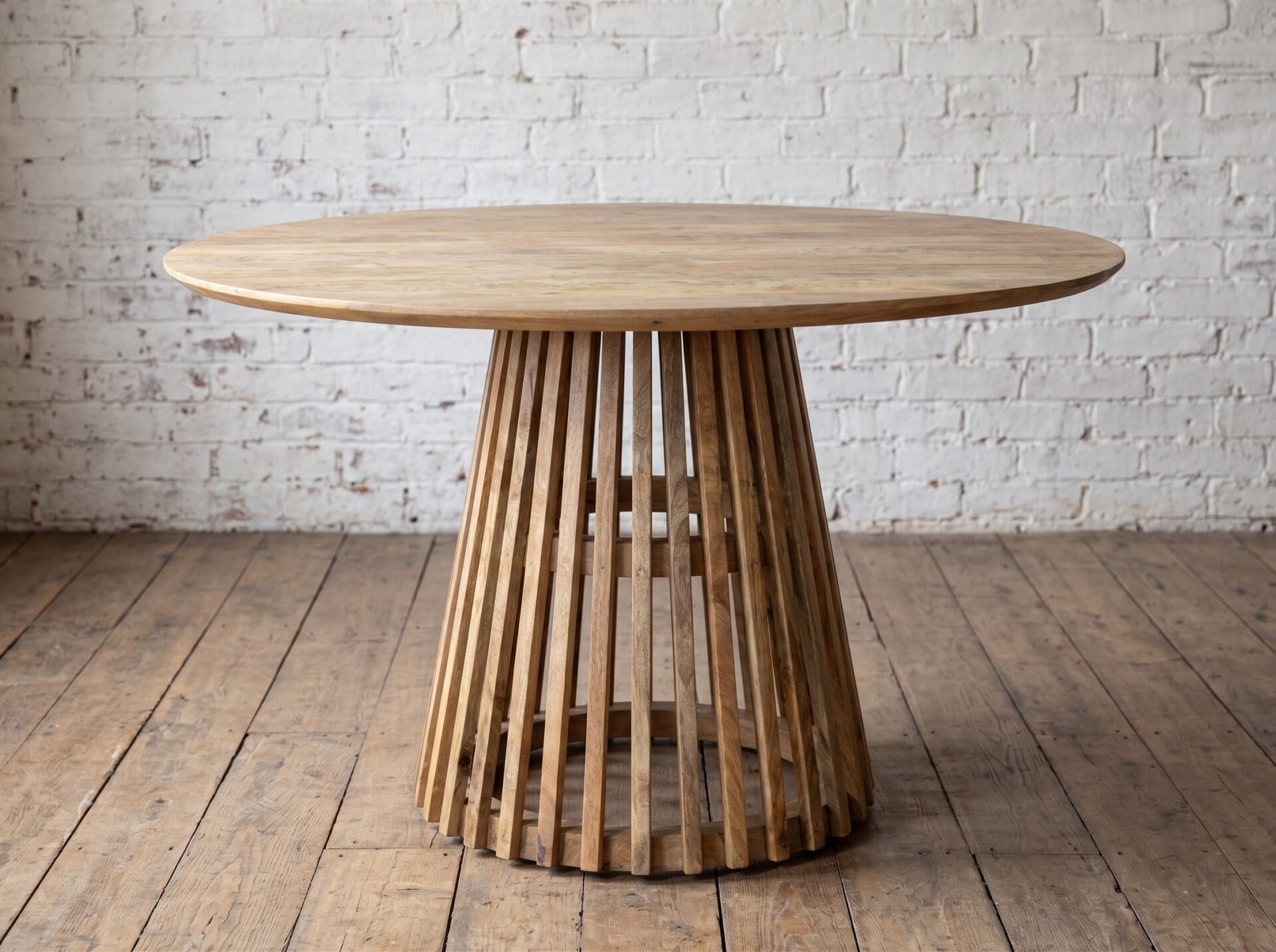 A rustic & reclaimed solid wood, round dining table with slatted wood base- Cambrewood