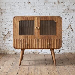 A retro wooden cabinet with ribbed glass doors and carved front - Cambrewood