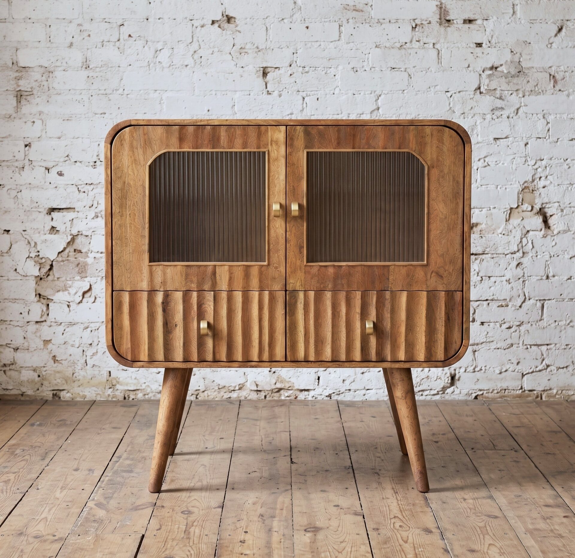 A retro wooden cabinet with ribbed glass doors and carved front - Cambrewood